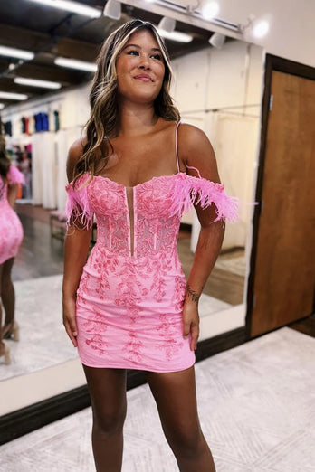 Glitter Pink Cold Shoulder Appliques Tight Short Prom Dress with Feathers