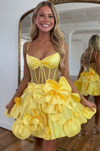 Yellow Corset A-Line Flowers Satin Party Dress