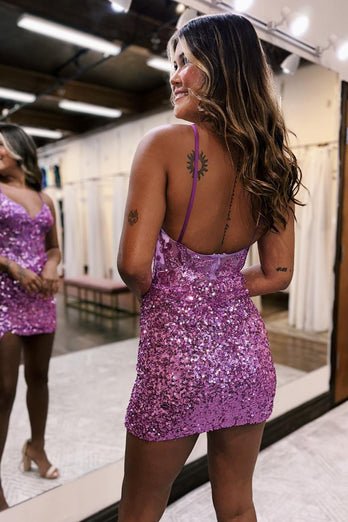 Glitter Lilac Bodycon Spaghetti Straps Short Party Dress