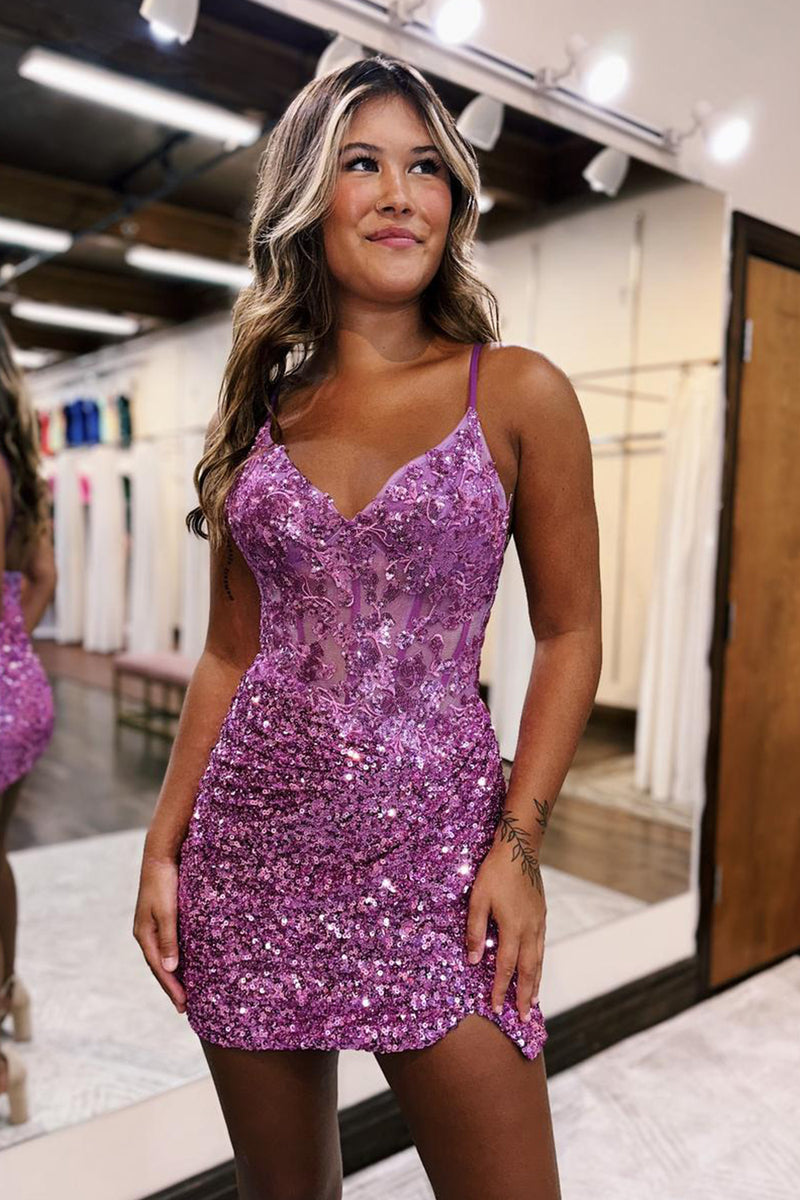 Load image into Gallery viewer, Glitter Lilac Bodycon Spaghetti Straps Short Party Dress