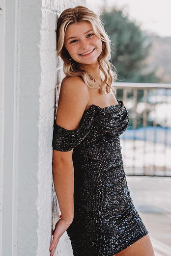 Glitter Black Sequins Off-the-Shoulder Tight Party Dress