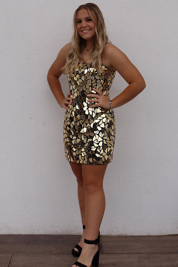 Sparkly Gold Mirror-Cut Tight Short Prom Dress