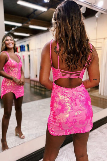 Glitter Hot Pink Tight Sequined Embroidery Short Prom Dress