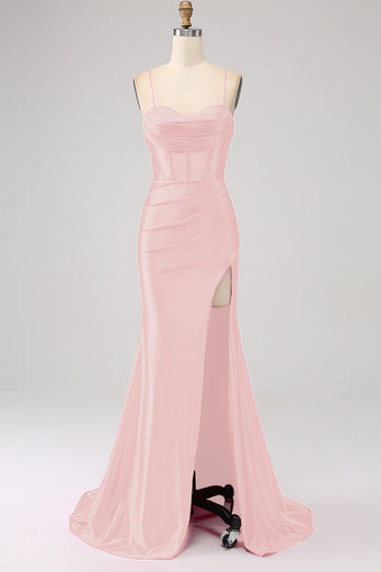 Golden Spaghetti Straps Satin Mermaid Prom Dress with Slit