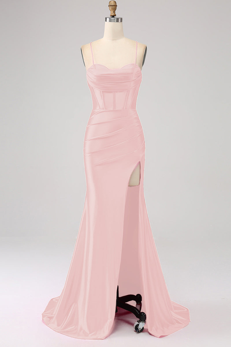 Load image into Gallery viewer, Golden Spaghetti Straps Satin Mermaid Prom Dress with Slit