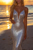 Load image into Gallery viewer, Sparkly Silver Sequin Strapless Mermaid Long Formal Dress