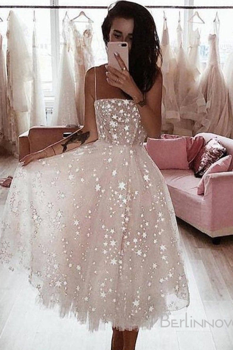 Load image into Gallery viewer, A-Line Spaghetti Strap Tea Length Pearl Pink Tulle Prom Homecoming Dress