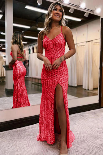 Sparkly Red Open Back Sequins Long Prom Dress with Slit