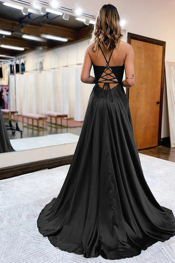 Peacock Green A-Line Spaghetti Straps Long Prom Dress with Slit