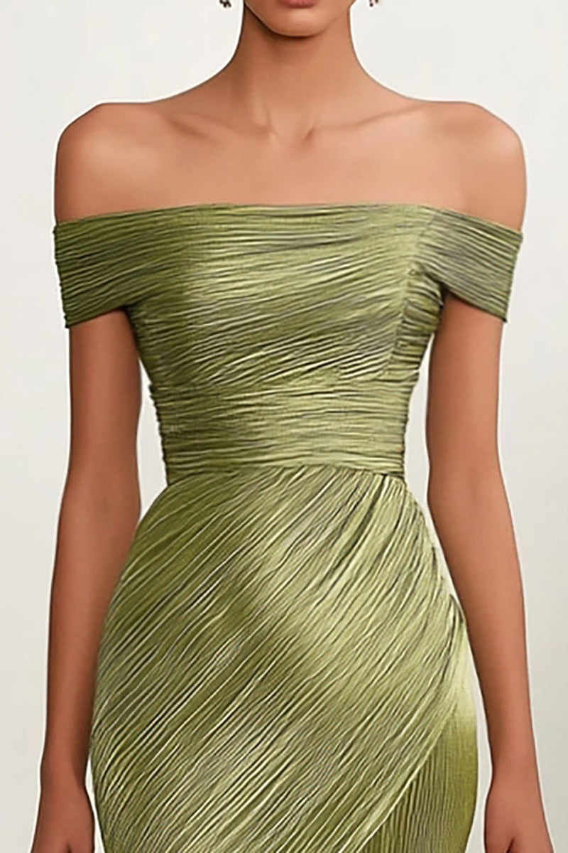 Load image into Gallery viewer, Green Off the Shoulder Sheath Ruched Long Formal Dress