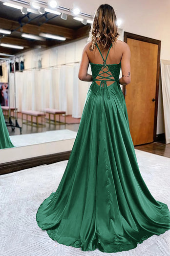 Peacock Green A-Line Spaghetti Straps Long Prom Dress with Slit