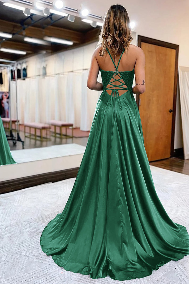 Load image into Gallery viewer, Peacock Green A-Line Spaghetti Straps Long Prom Dress with Slit