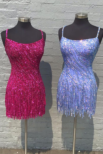 Sparkly Golden Spaghetti Straps Sequins Fringed Tight Short Party Dress