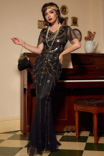 Black Blush Sequins Long 1920s Gatsby Dress