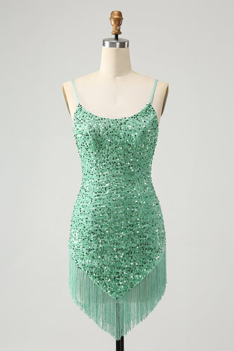 Glitter Sage Tight Scoop Short Prom Dress with Tassels