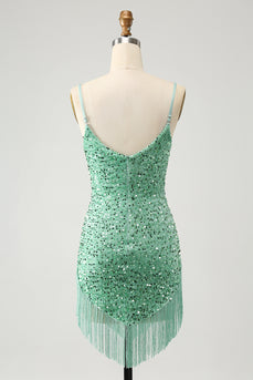 Glitter Sage Tight Scoop Short Prom Dress with Tassels