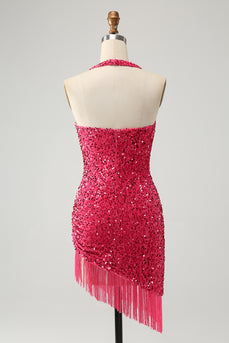 Glitter Fuchsia Sequins Halter Tight Short Prom Dress with Tassels