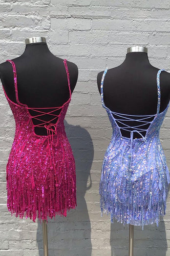 Sparkly Golden Spaghetti Straps Sequins Fringed Tight Short Party Dress