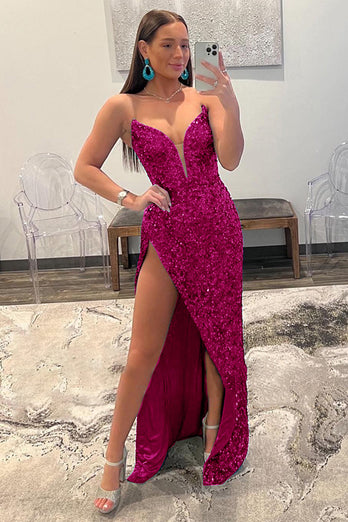 Fuchsia Strapless Sequin Prom Dress with Slit