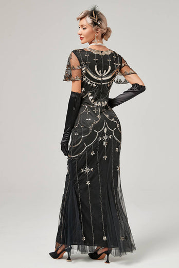 Black Blush Sequins Long 1920s Gatsby Dress