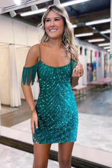 Sparkly Turquoise Tight Sequins Short Prom Dress with Fringes