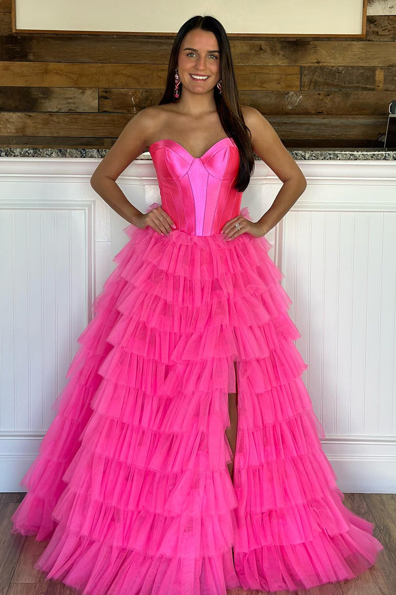 Load image into Gallery viewer, Black Corset Sweetheart A-Line Tiered Long Tulle Prom Dress with Slit