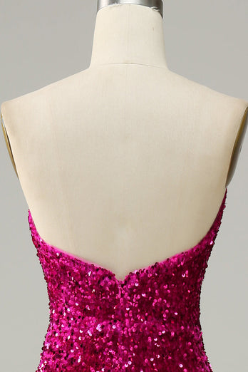 Fuchsia Strapless Sequin Prom Dress with Slit