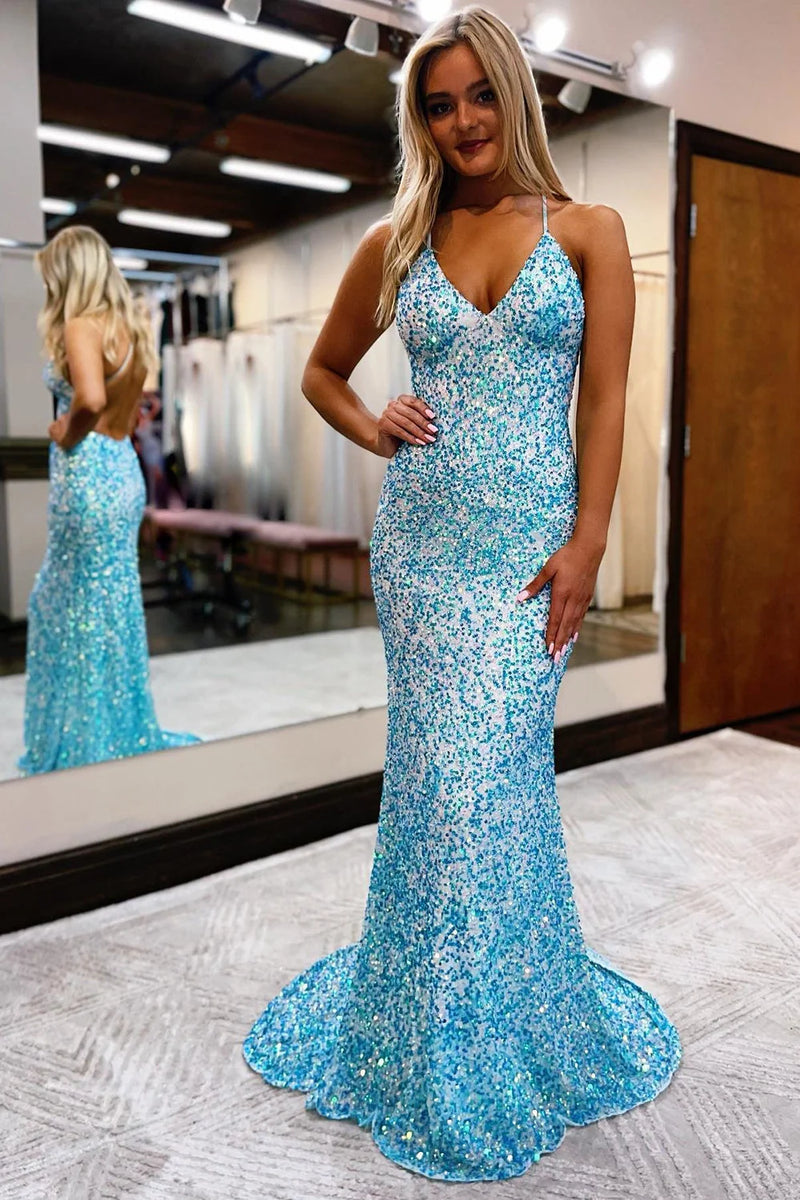 Load image into Gallery viewer, Mermaid Spaghetti Straps Blue Sequins Backless Long Prom Dress