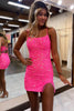 Load image into Gallery viewer, Sparkly Fuchsia Tight Sequined Embroidery Spaghetti Straps Short Prom Dress with Tassels