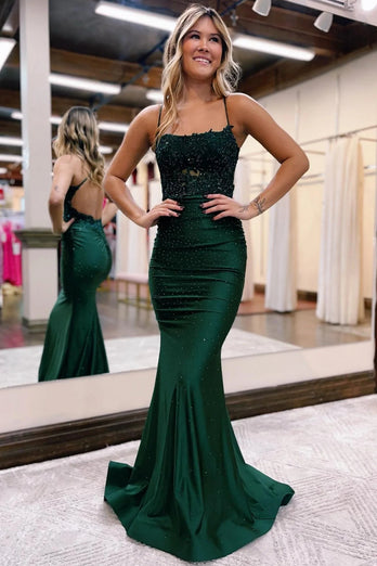 Mermaid Halter Dark Green Long Prom Dress with Beading