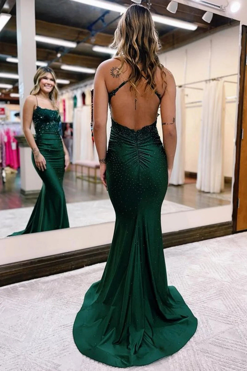 Load image into Gallery viewer, Mermaid Halter Dark Green Long Prom Dress with Beading