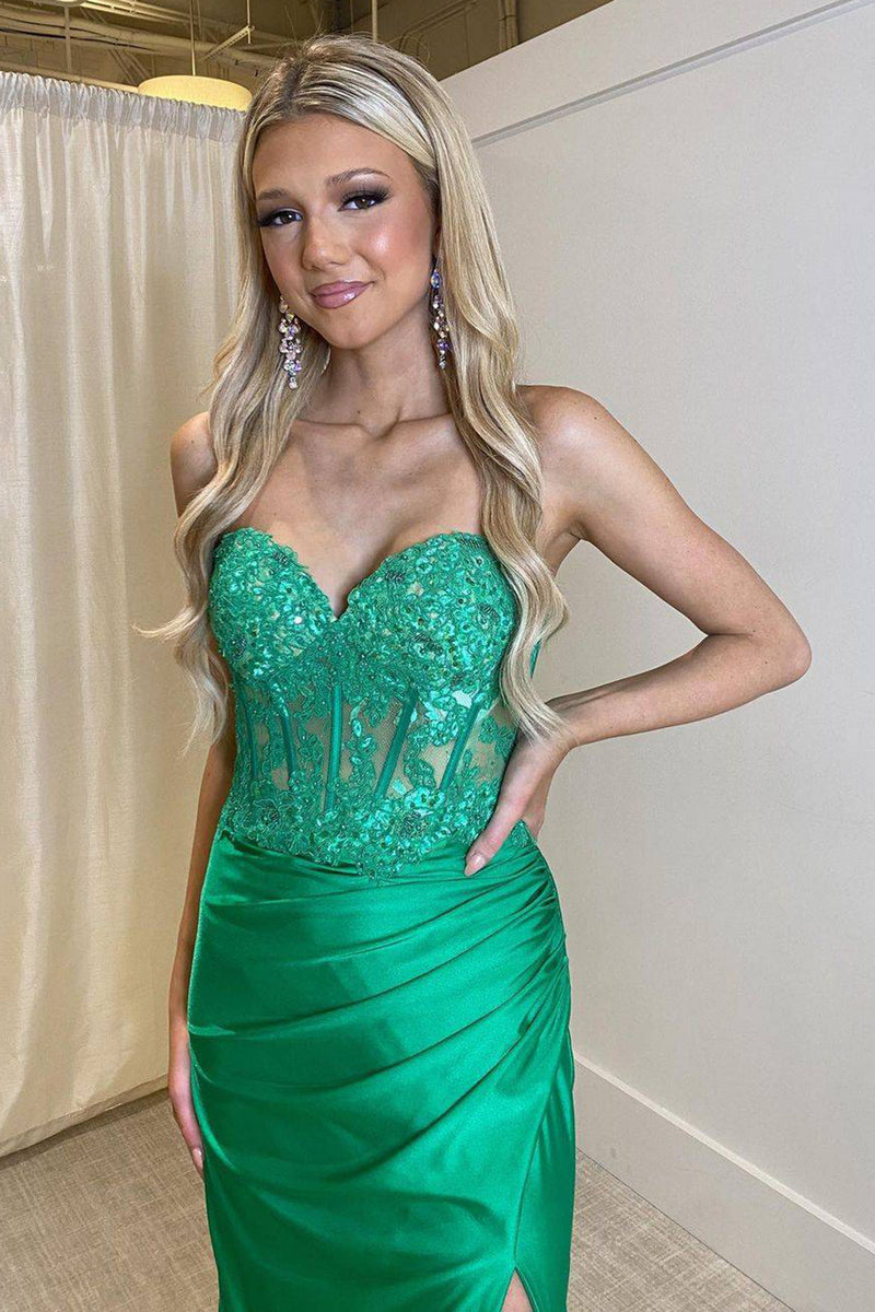 Load image into Gallery viewer, Sparkly Green Corset Long Sheath Prom Dress with Slit