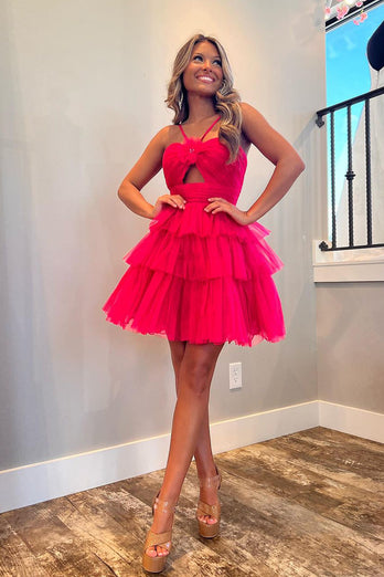 Fuchsia Halter A-line Tiered Tulle Short Prom Dress