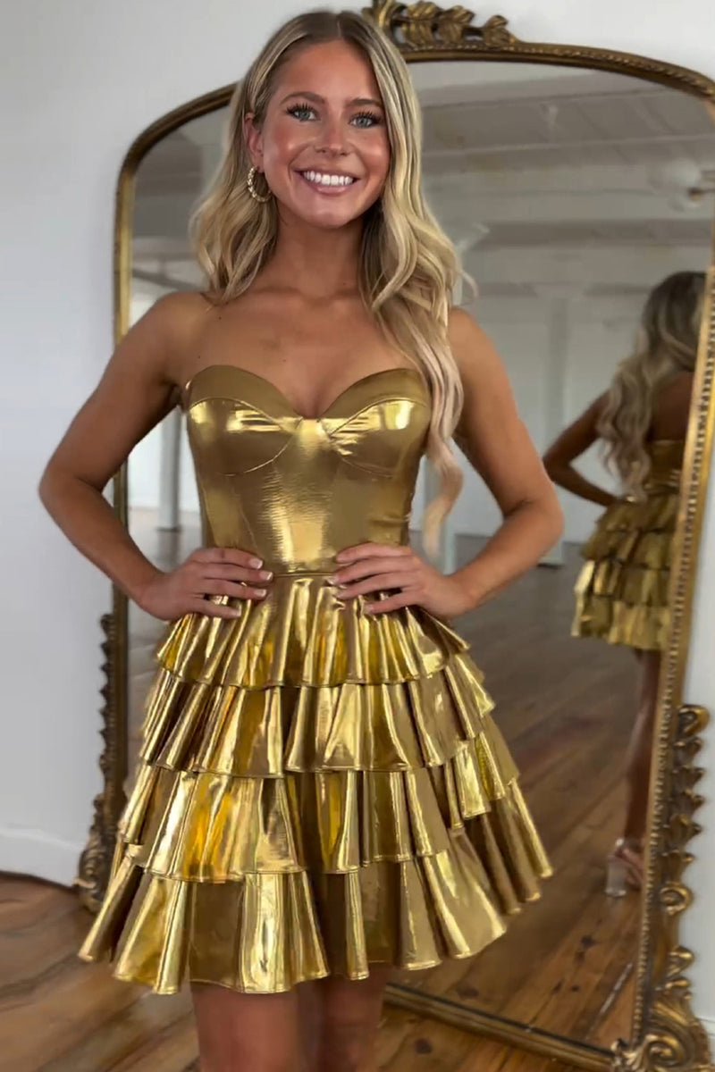 Load image into Gallery viewer, Golden Satin A-Line Tiered Strapless Short Prom Dress