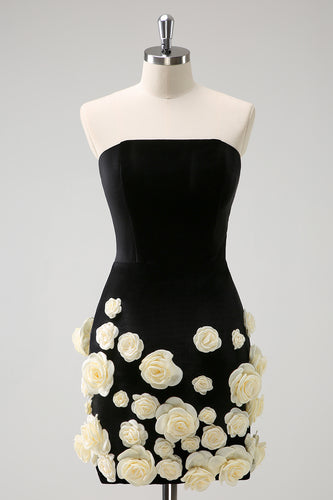 Black Tight Strapless Flowers Short Prom Dress