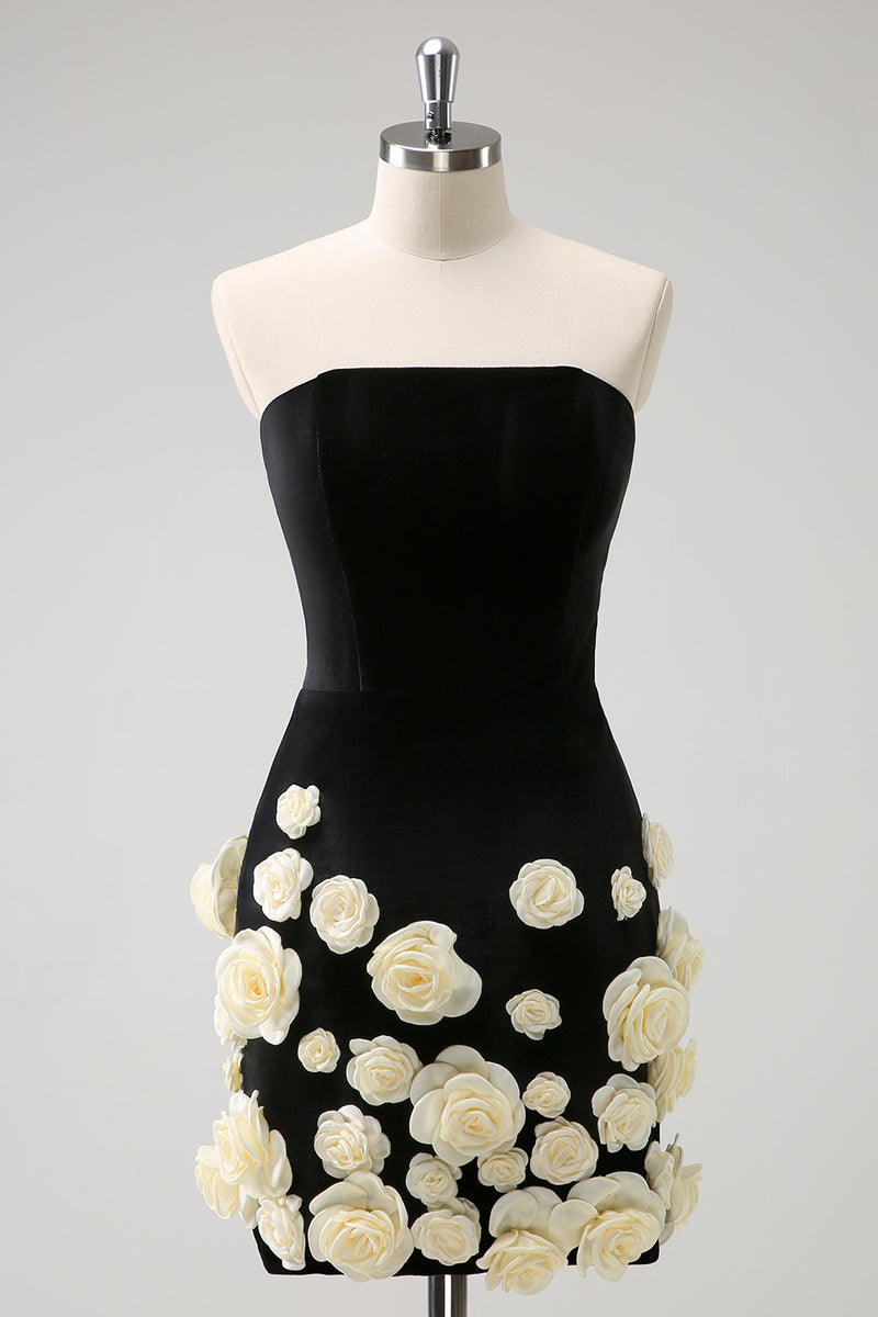 Load image into Gallery viewer, Black Tight Strapless Flowers Short Prom Dress