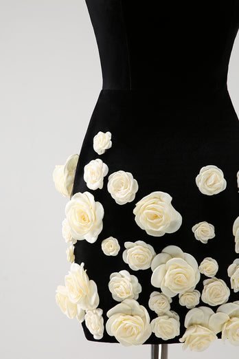 Black Tight Strapless Flowers Short Prom Dress