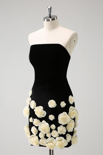 Black Tight Strapless Flowers Short Prom Dress