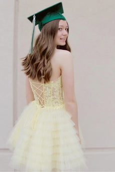 Lemon Yellow Sweetheart A-line Tiered Short Prom Dress