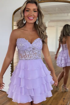 Glitter Lilac A-line Tiered Short Prom Dress with Appliques