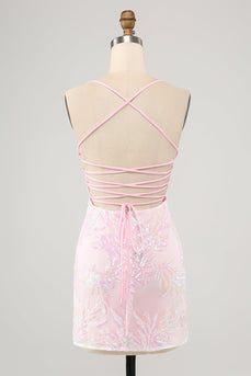 Sparkly Pink Spaghetti Straps Tight Short Prom Dress with Sequins