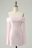 Load image into Gallery viewer, Sparkly Pink Bodycon Off The Shoulder Sequin Short Prom Dress with Long Sleeves