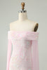 Load image into Gallery viewer, Sparkly Pink Bodycon Off The Shoulder Sequin Short Prom Dress with Long Sleeves