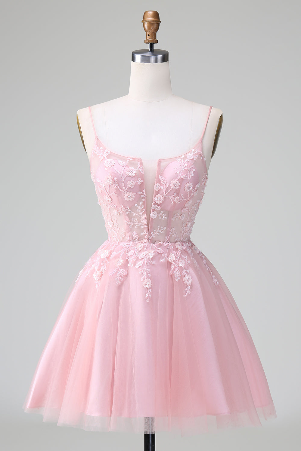 Glitter Blush A-line Tulle Short Prom Dress with Flowers