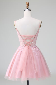 Glitter Blush A-line Tulle Short Prom Dress with Flowers