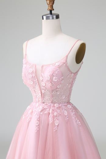 Glitter Blush A-line Tulle Short Prom Dress with Flowers