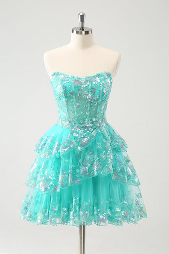 Glitter Green A-Line Sequined Tiered Strapless Short Prom Dress