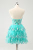 Load image into Gallery viewer, Glitter Green A-Line Sequined Tiered Strapless Short Prom Dress