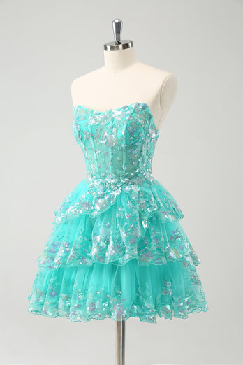 Glitter Green A-Line Sequined Tiered Strapless Short Prom Dress