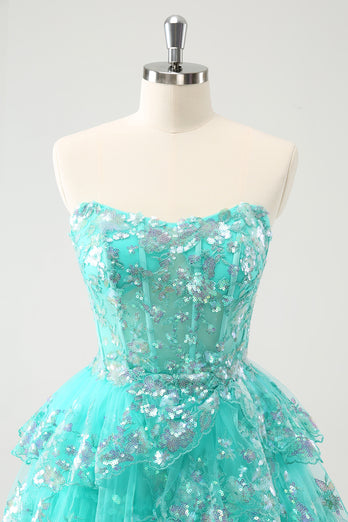 Glitter Green A-Line Sequined Tiered Strapless Short Prom Dress